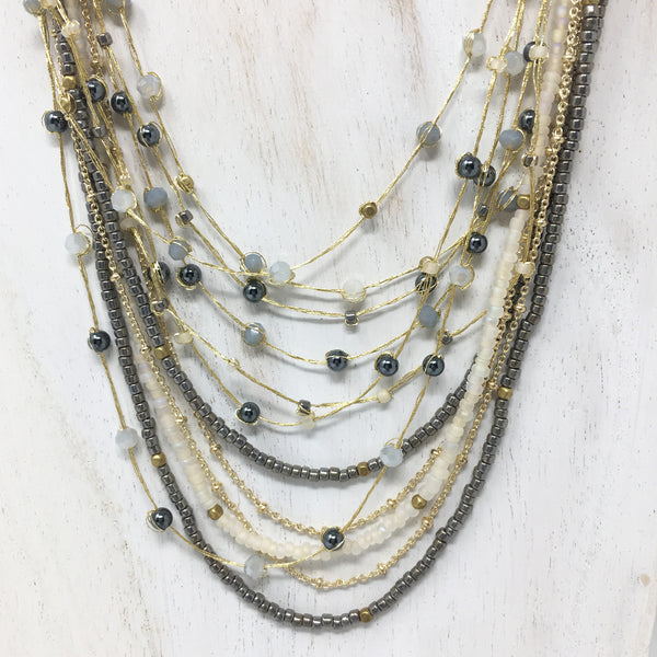 Crystal and Brass Beaded Necklace Gray and Cream