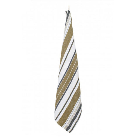 Linen Kitchen Towel White with Olive Green and Charcoal Stripes