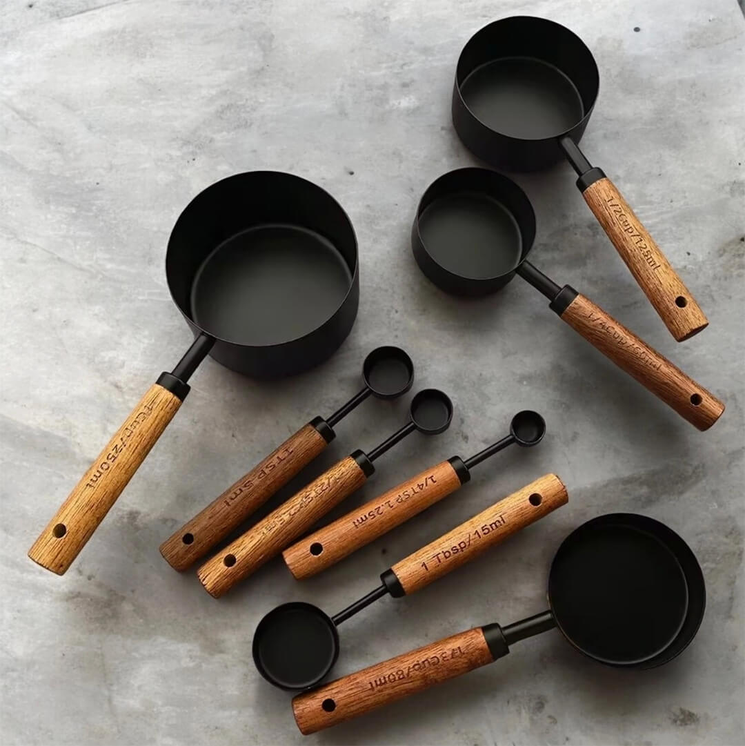 Black Stainless Steel Measuring Cups with Wooden Handles