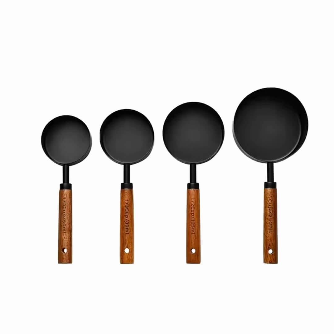 Black Stainless Steel Measuring Cups with Wooden Handles