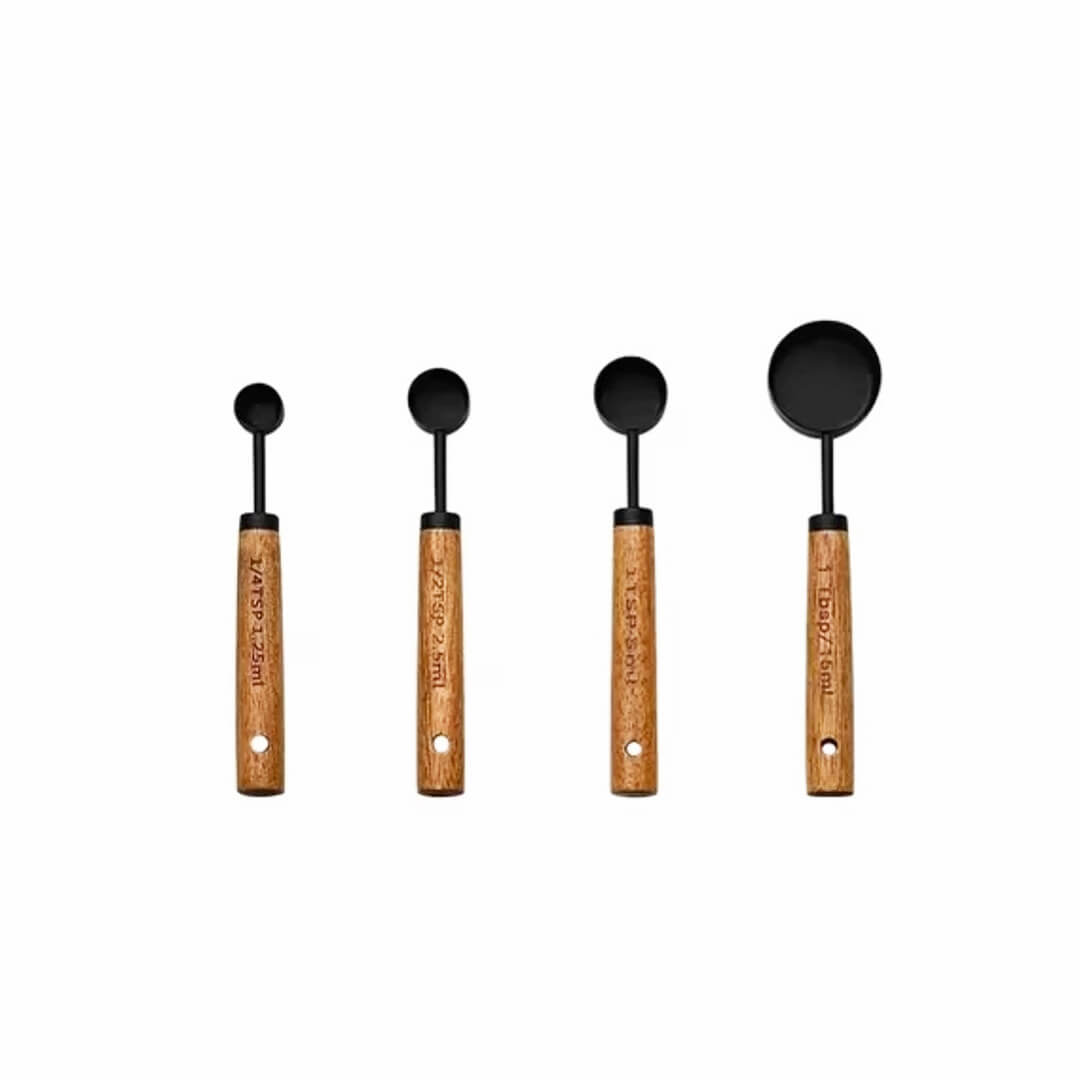 Black Stainless Steel Measuring Spoons with Wooden Handles