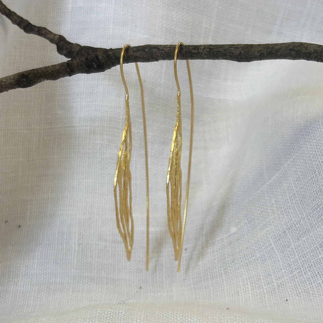 Handmade gold plated sterling silver leaf earrings with delicate botanical openwork design – lightweight artisan jewelry gift for women