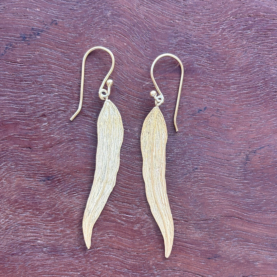 Handmade gold plated sterling silver leaf earrings with long textured botanical design – lightweight artisan gold jewelry gift for women