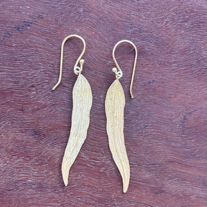 Handmade gold plated sterling silver leaf earrings with long textured botanical design – lightweight artisan gold jewelry gift for women