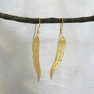 Handmade gold plated sterling silver leaf earrings with long textured botanical design – lightweight artisan gold jewelry gift for women
