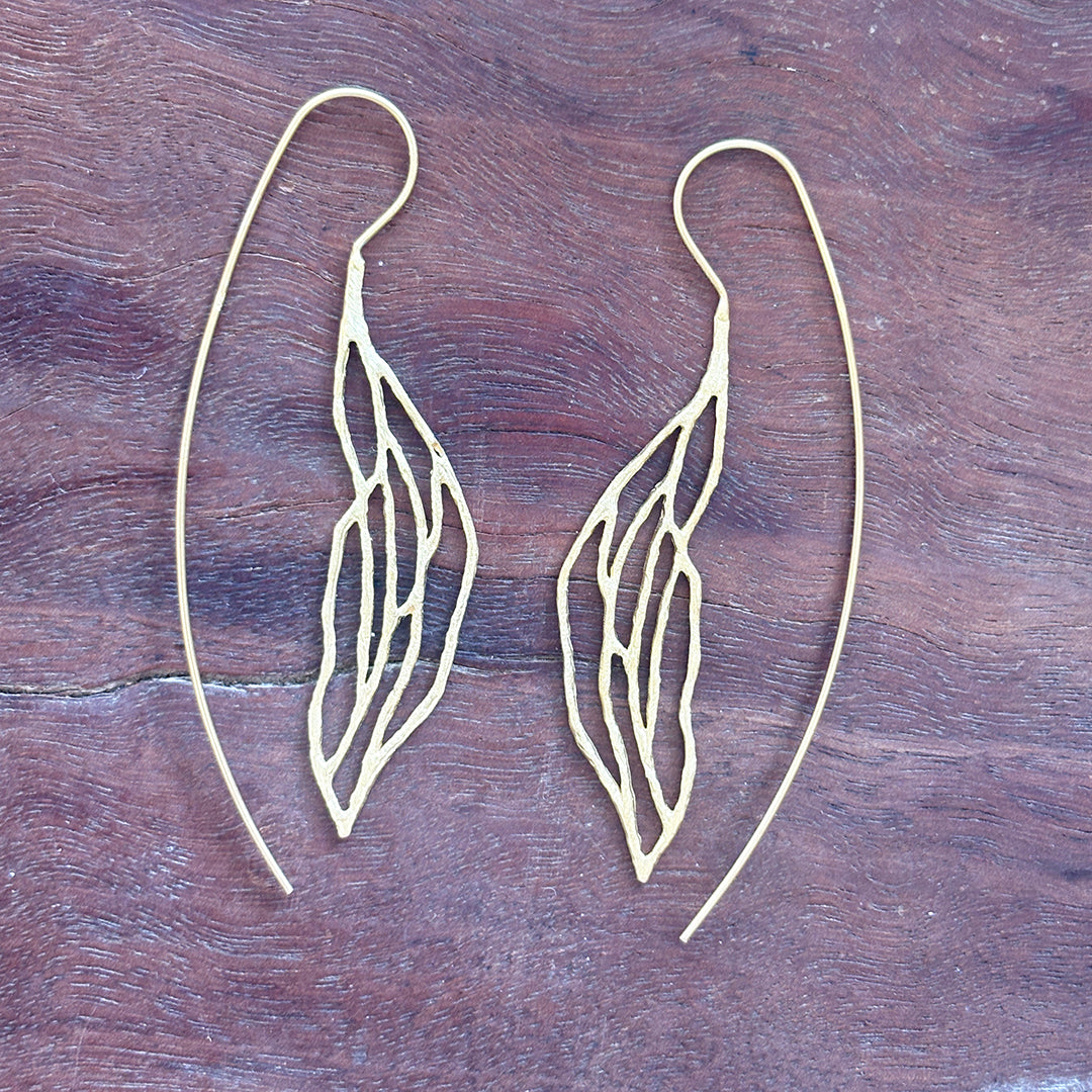 Handmade gold plated sterling silver leaf earrings with delicate botanical openwork design – lightweight artisan jewelry gift for women