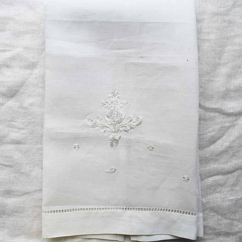 Hand Embroidered Linen Guest Towel  - Ornament on White