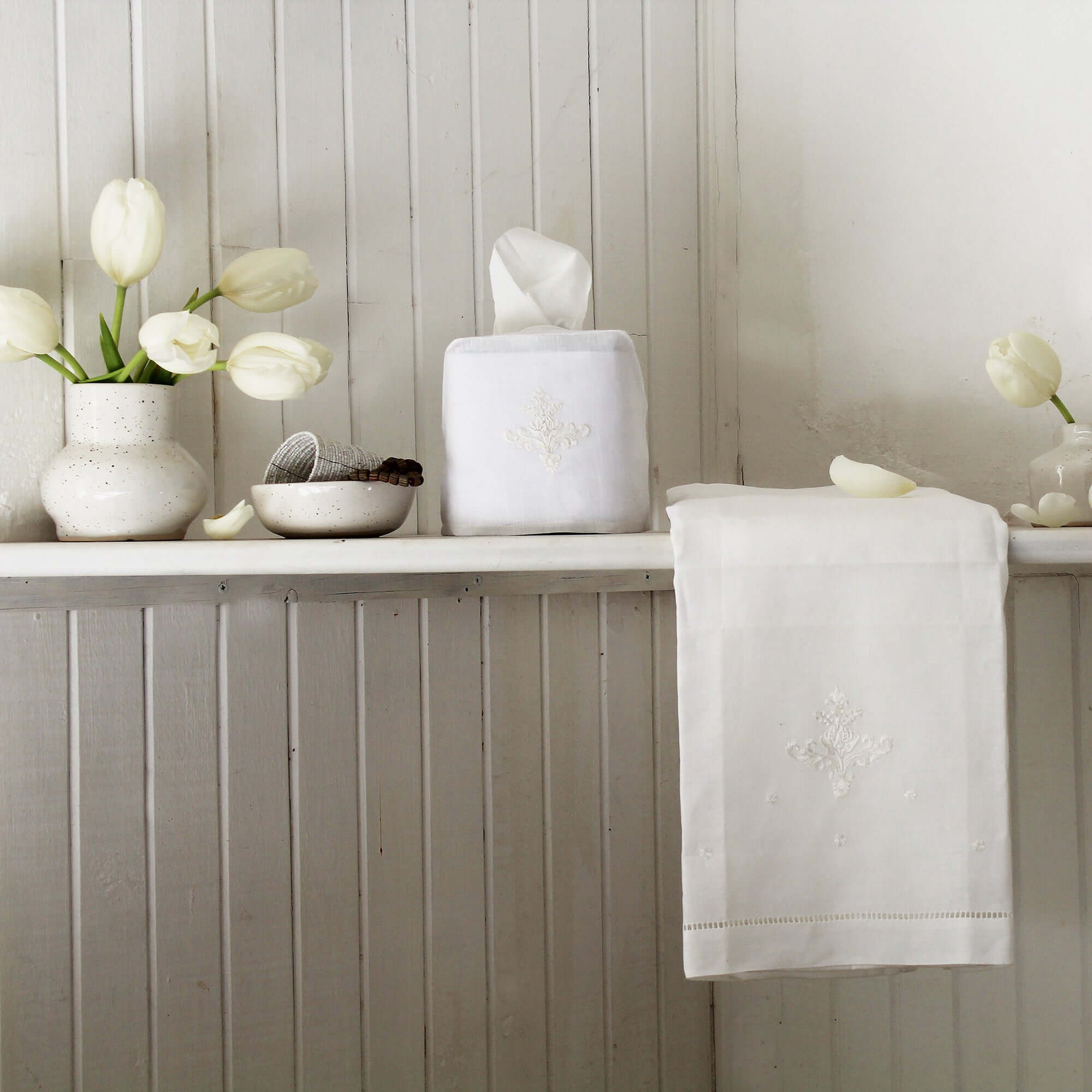 Hand Embroidered Linen Guest Towel  - Ornament on White