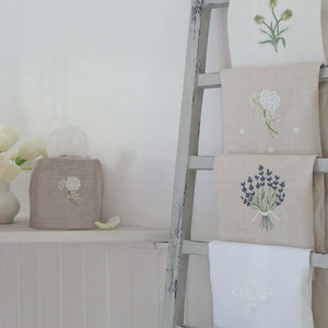 Hand Embroidered Linen Guest Towel – Hydrangea on White