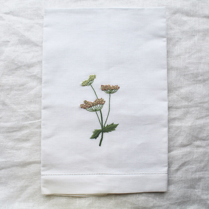 Hand Embroidered Linen Guest Towel – Meadow Flower on White