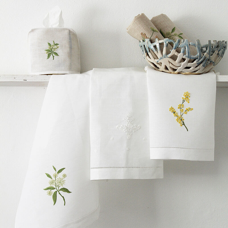 Hand Embroidered Linen Guest Towel – Mimosa on White