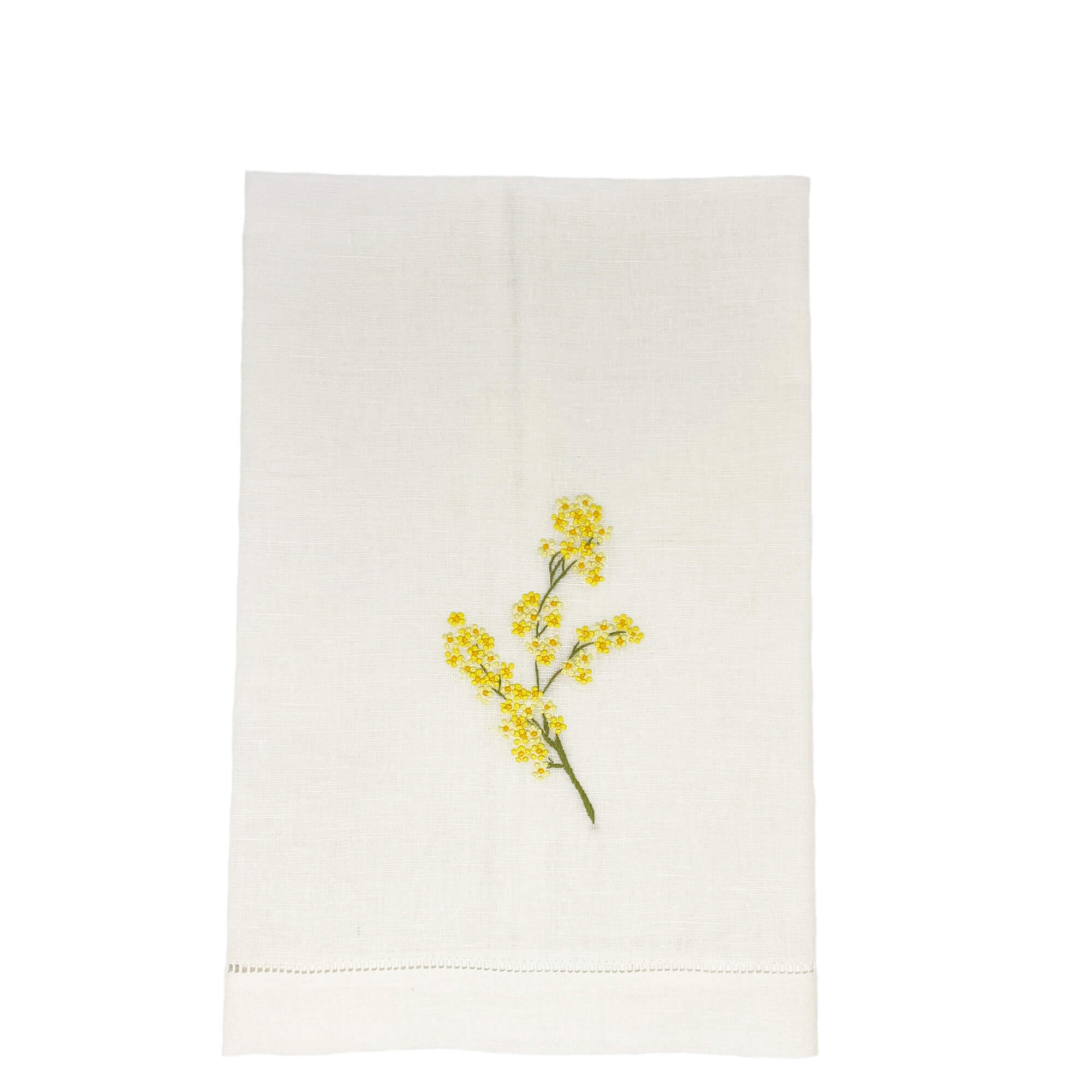 Hand Embroidered Linen Guest Towel – Mimosa on White