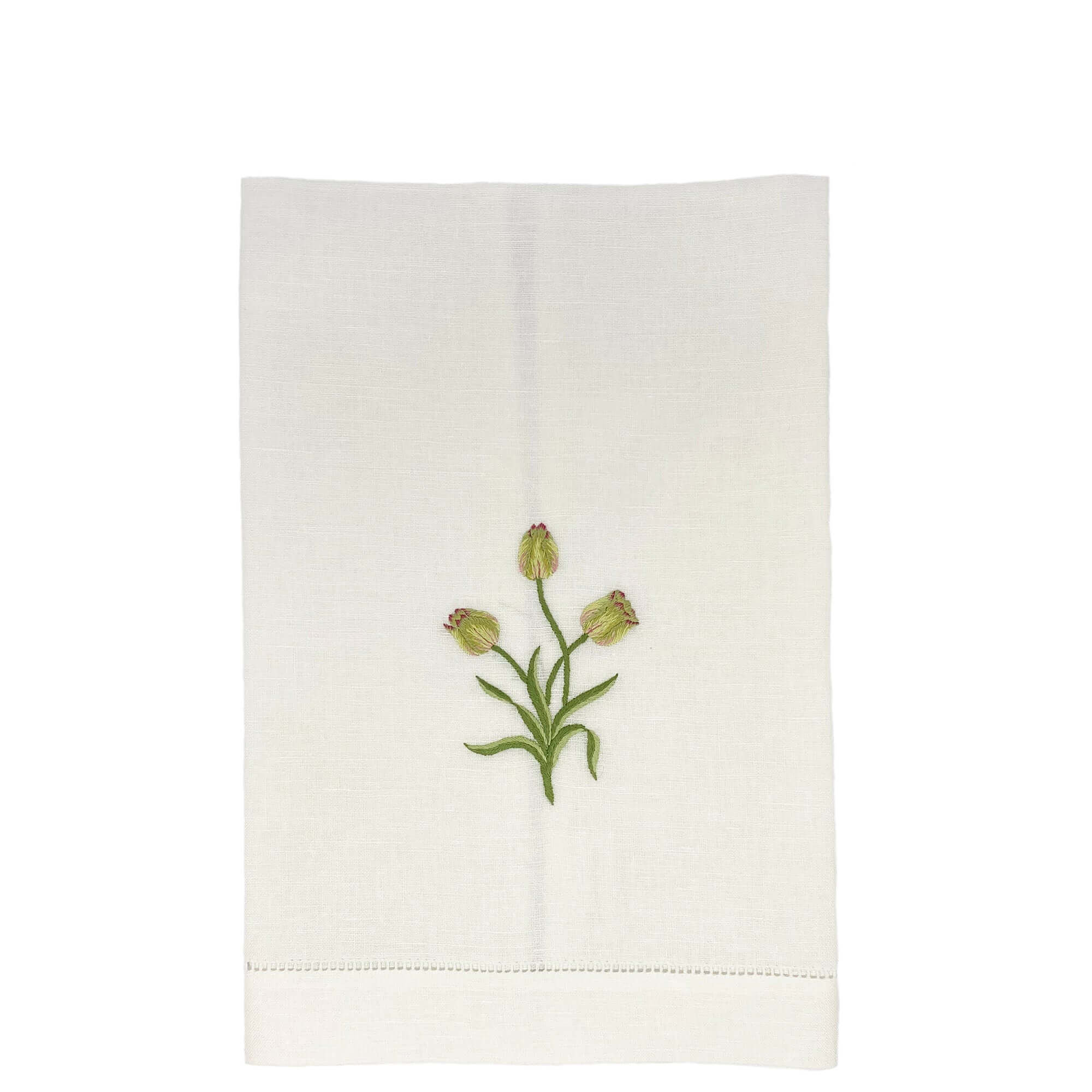 Hand Embroidered Linen Guest Towel – Tulip on White