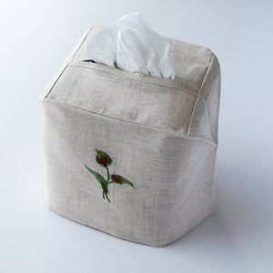 Hand Embroidered Linen Tissue Box Cover  - Flamingo Flower Natural