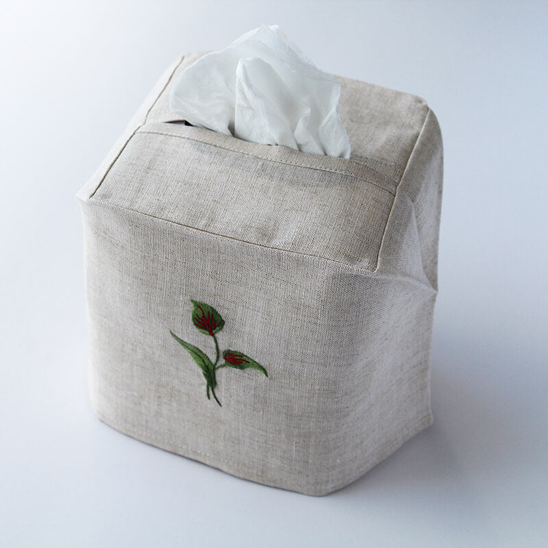 Hand Embroidered Linen Tissue Box Cover  - Flamingo Flower Natural