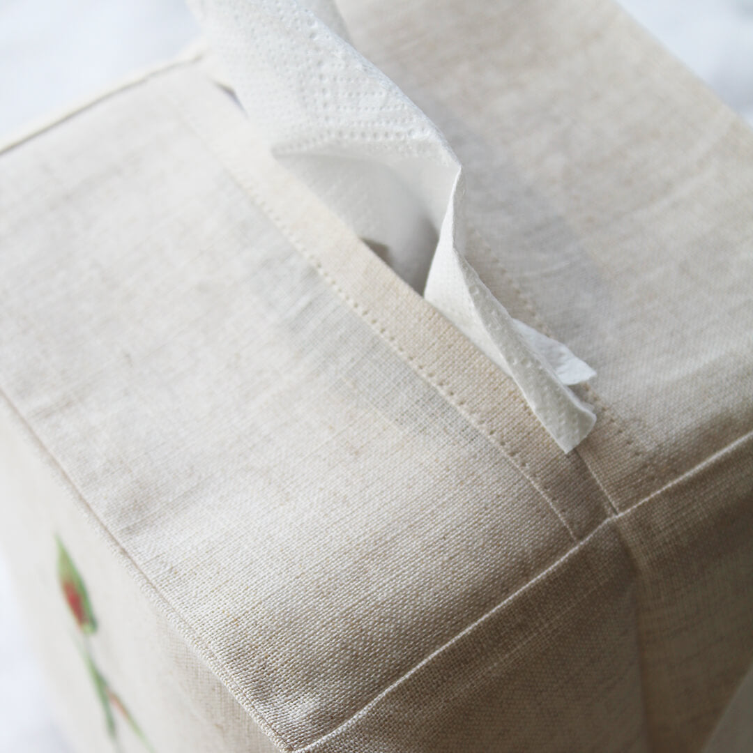 Hand Embroidered Linen Tissue Box Cover  - Flamingo Flower Natural