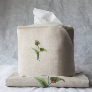 Hand Embroidered Linen Tissue Box Cover  - Flamingo Flower Natural