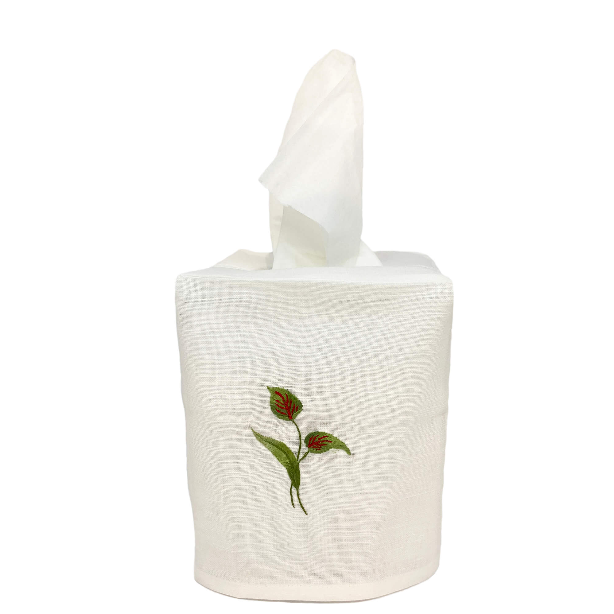 Hand Embroidered Linen Tissue Box Cover - Flamingo Flower White