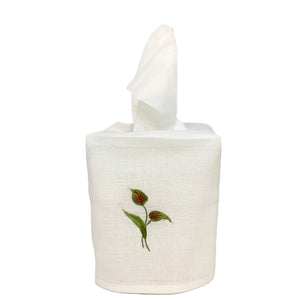 Hand Embroidered Linen Tissue Box Cover - Flamingo Flower White