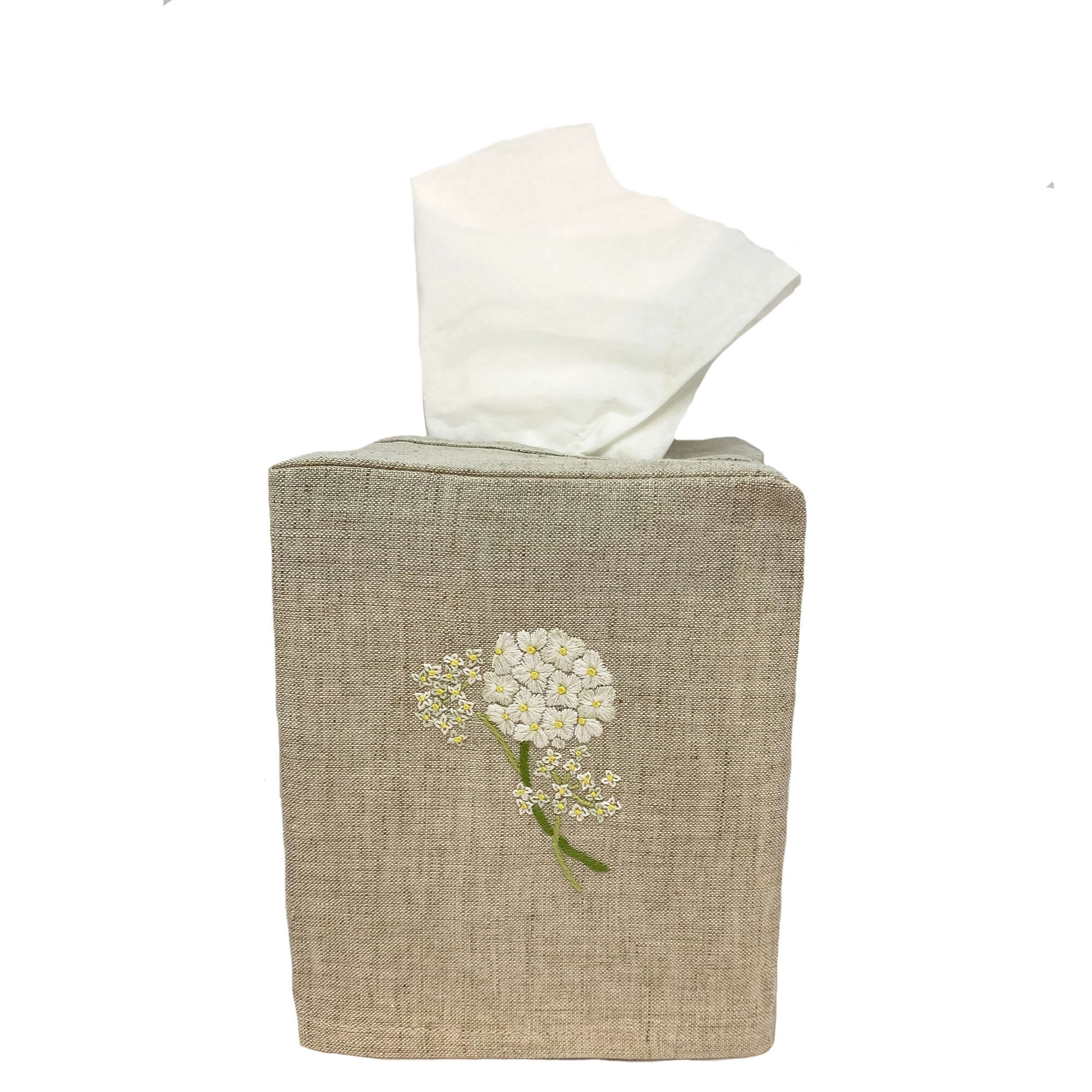 Hand Embroidered Linen Tissue Box Cover - Hydrangea Natural