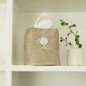 Hand Embroidered Linen Tissue Box Cover - Hydrangea Natural