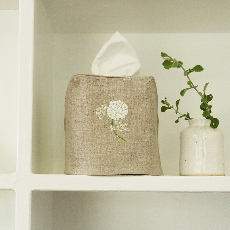 Hand Embroidered Linen Tissue Box Cover - Hydrangea Natural