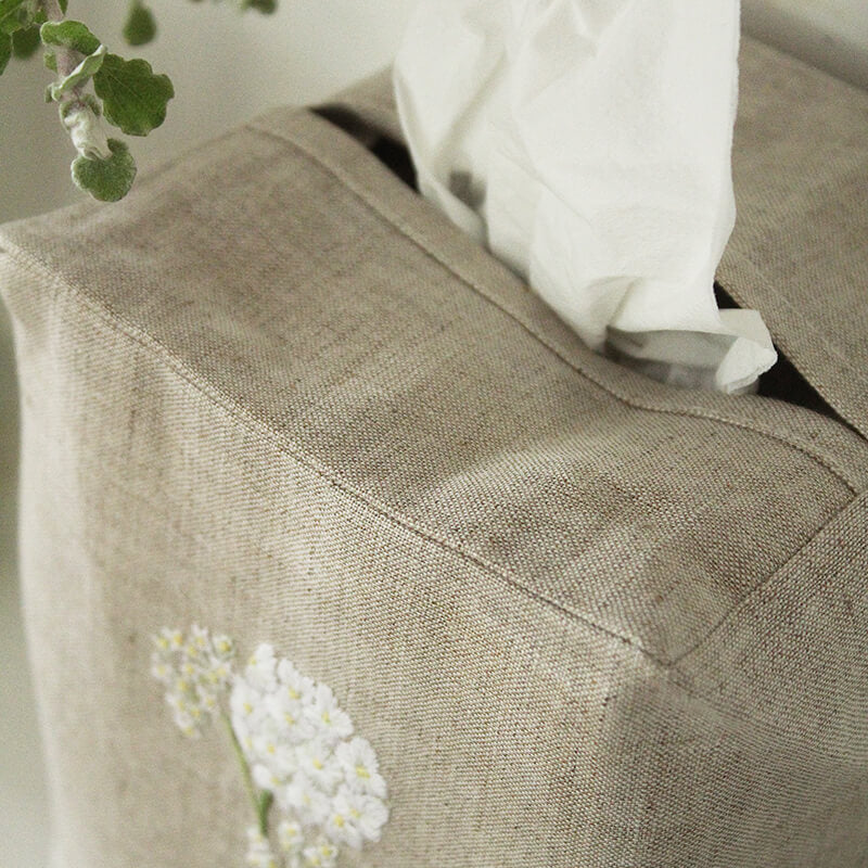 Hand Embroidered Linen Tissue Box Cover - Hydrangea Natural