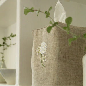 Hand Embroidered Linen Tissue Box Cover - Hydrangea Natural