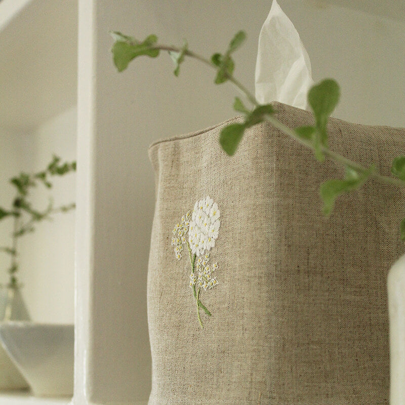 Hand Embroidered Linen Tissue Box Cover - Hydrangea Natural