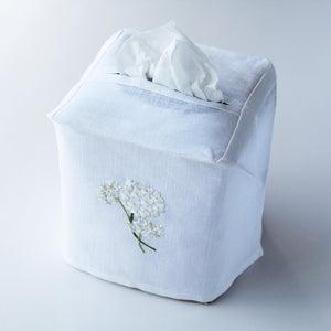Hand Embroidered Linen Tissue Box Cover - Hydrangea White