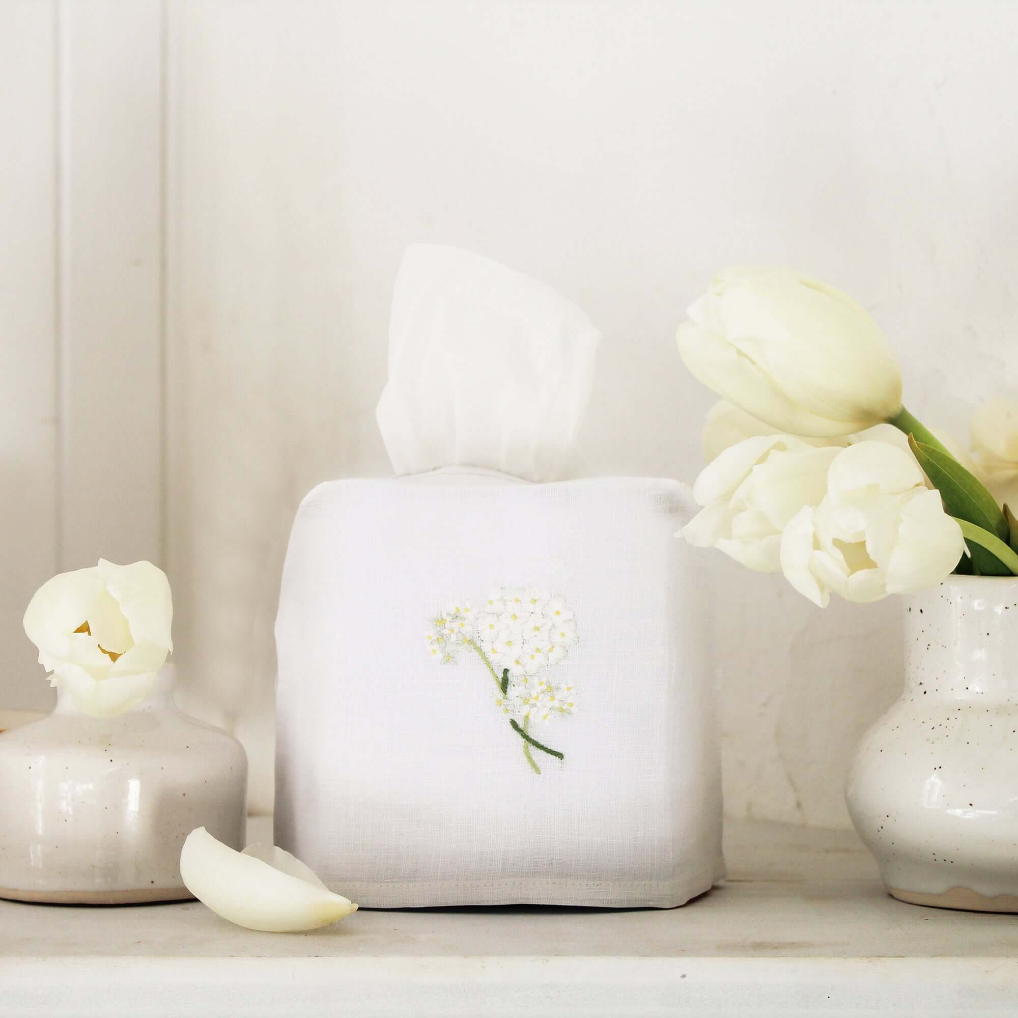 Hand Embroidered Linen Tissue Box Cover - Hydrangea White