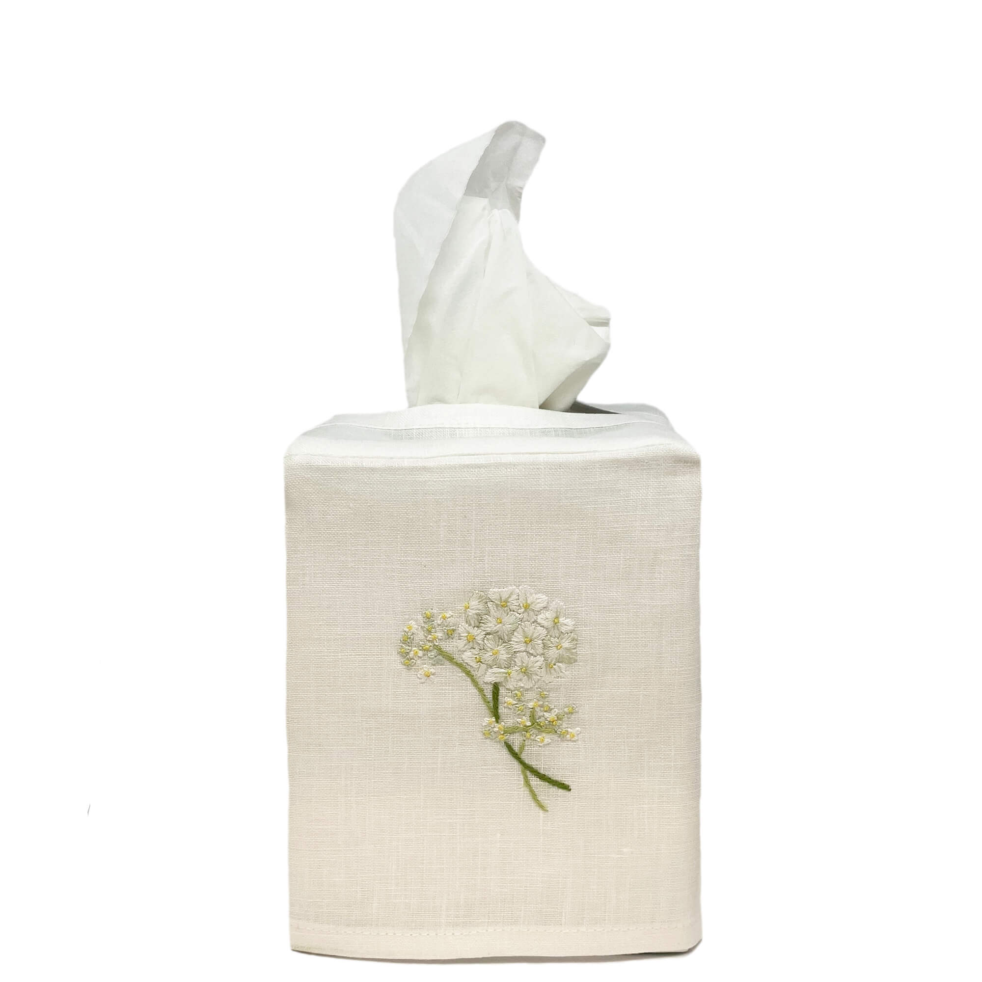 Hand Embroidered Linen Tissue Box Cover - Hydrangea White