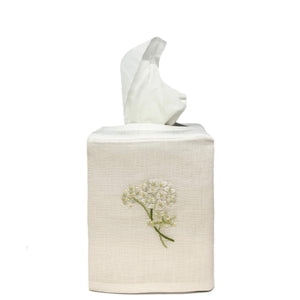 Hand Embroidered Linen Tissue Box Cover - Hydrangea White