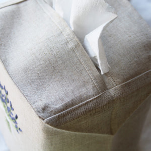 Hand Embroidered Linen Tissue Box Cover  - Lavender Natural