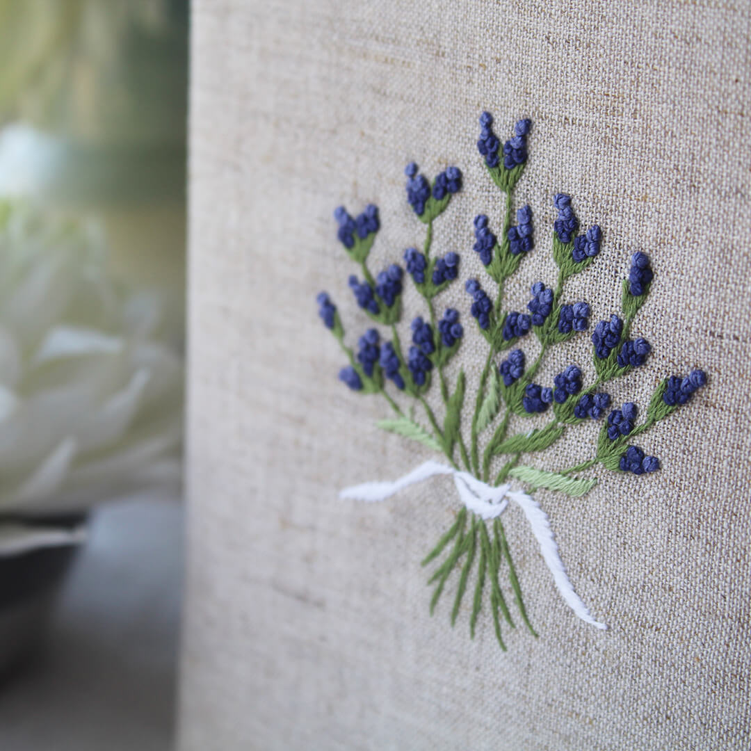Hand Embroidered Linen Tissue Box Cover  - Lavender Natural