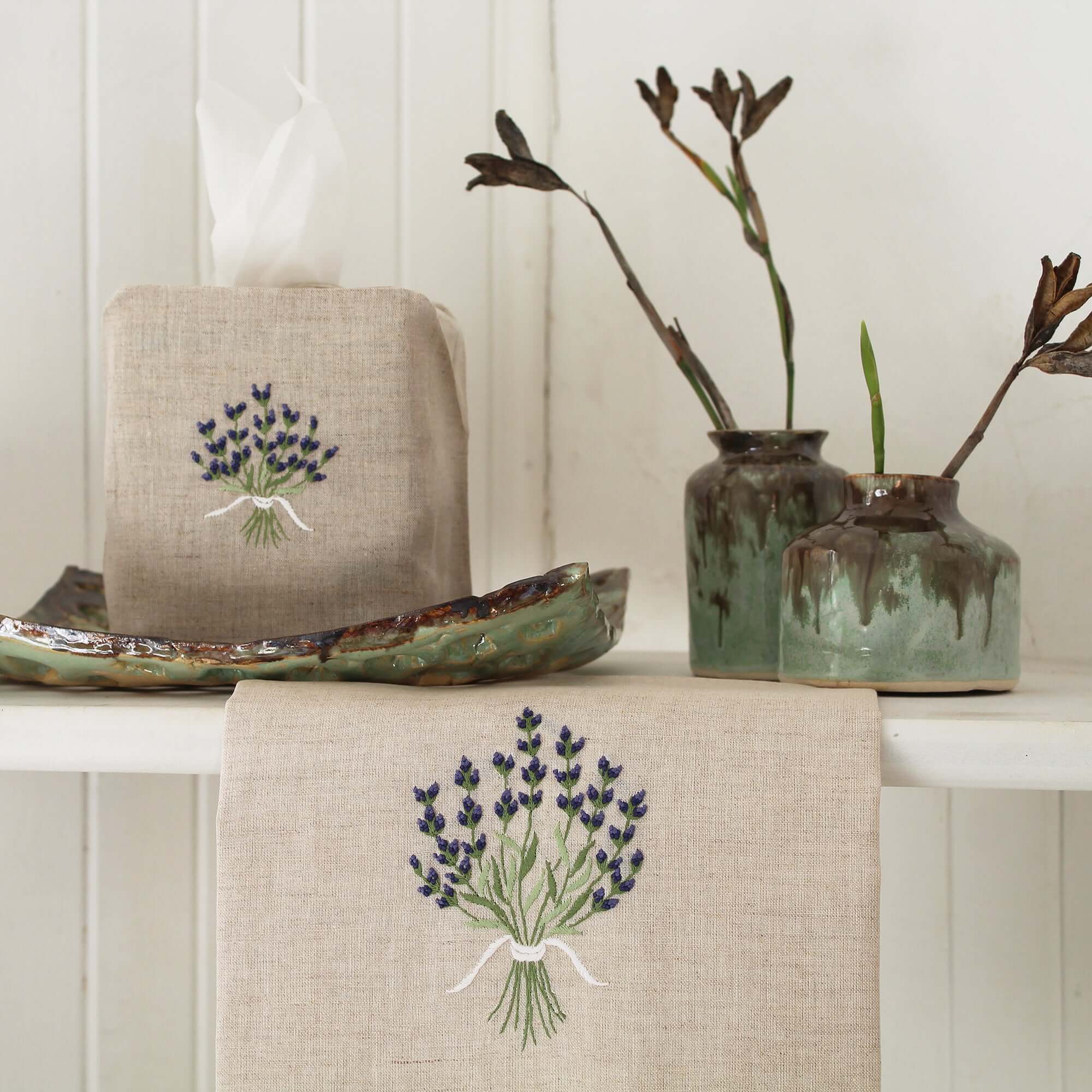 Hand Embroidered Linen Tissue Box Cover  - Lavender Natural