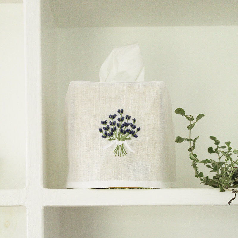 Hand Embroidered Linen Tissue Box Cover  - Lavender White
