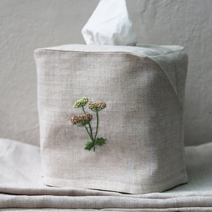 Hand Embroidered Linen Tissue Box Cover - Meadow Flower Natural