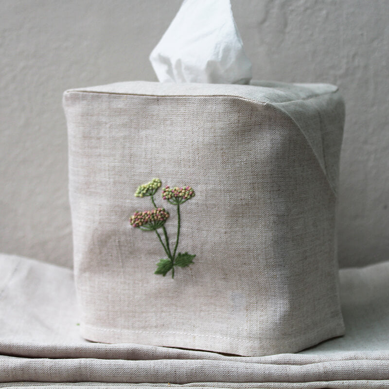 Hand Embroidered Linen Tissue Box Cover - Meadow Flower Natural