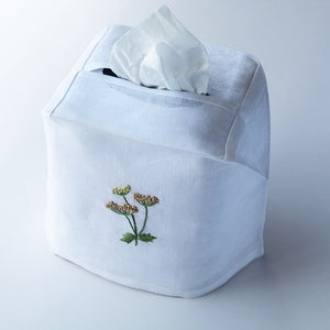 Hand Embroidered Linen Tissue Box Cover - Meadow Flower White