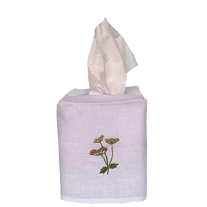 Hand Embroidered Linen Tissue Box Cover - Meadow Flower White