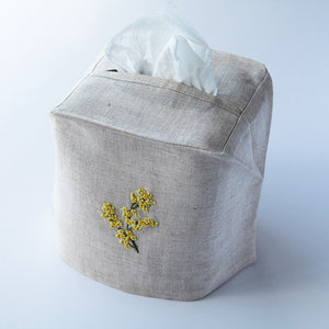 Hand Embroidered Linen Tissue Box Cover - Mimosa Flower Natural