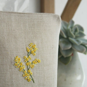 Hand Embroidered Linen Tissue Box Cover - Mimosa Flower Natural