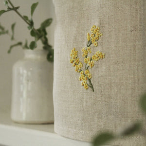 Hand Embroidered Linen Tissue Box Cover - Mimosa Flower Natural