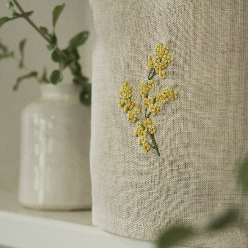 Hand Embroidered Linen Tissue Box Cover - Mimosa Flower Natural
