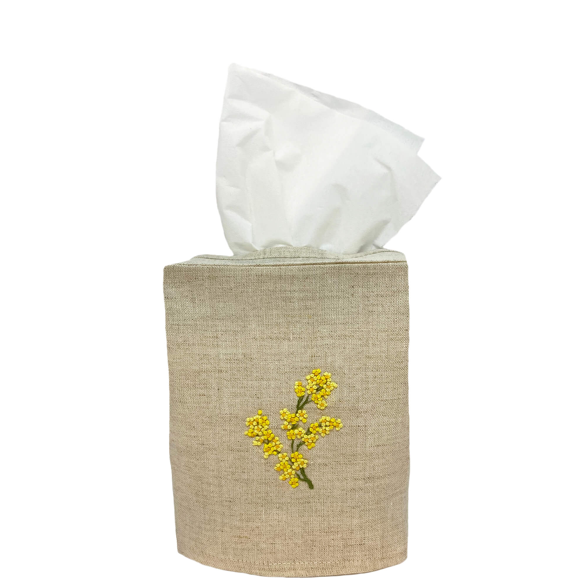 Hand Embroidered Linen Tissue Box Cover - Mimosa Flower Natural