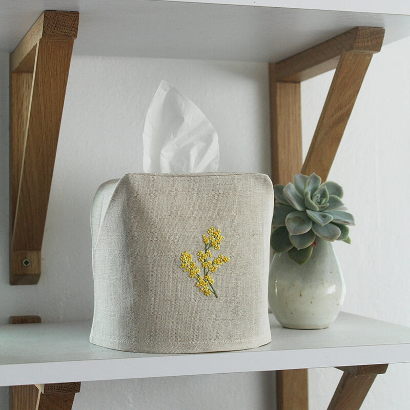 Hand Embroidered Linen Tissue Box Cover - Mimosa Flower Natural