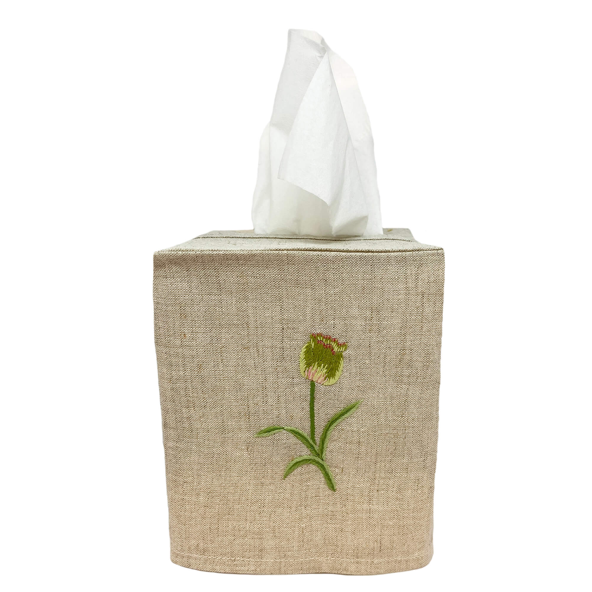 Hand Embroidered Linen Tissue Box Cover - Tulip Natural