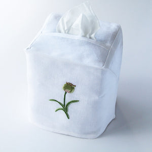 Hand Embroidered Linen Tissue Box Cover - Tulip White