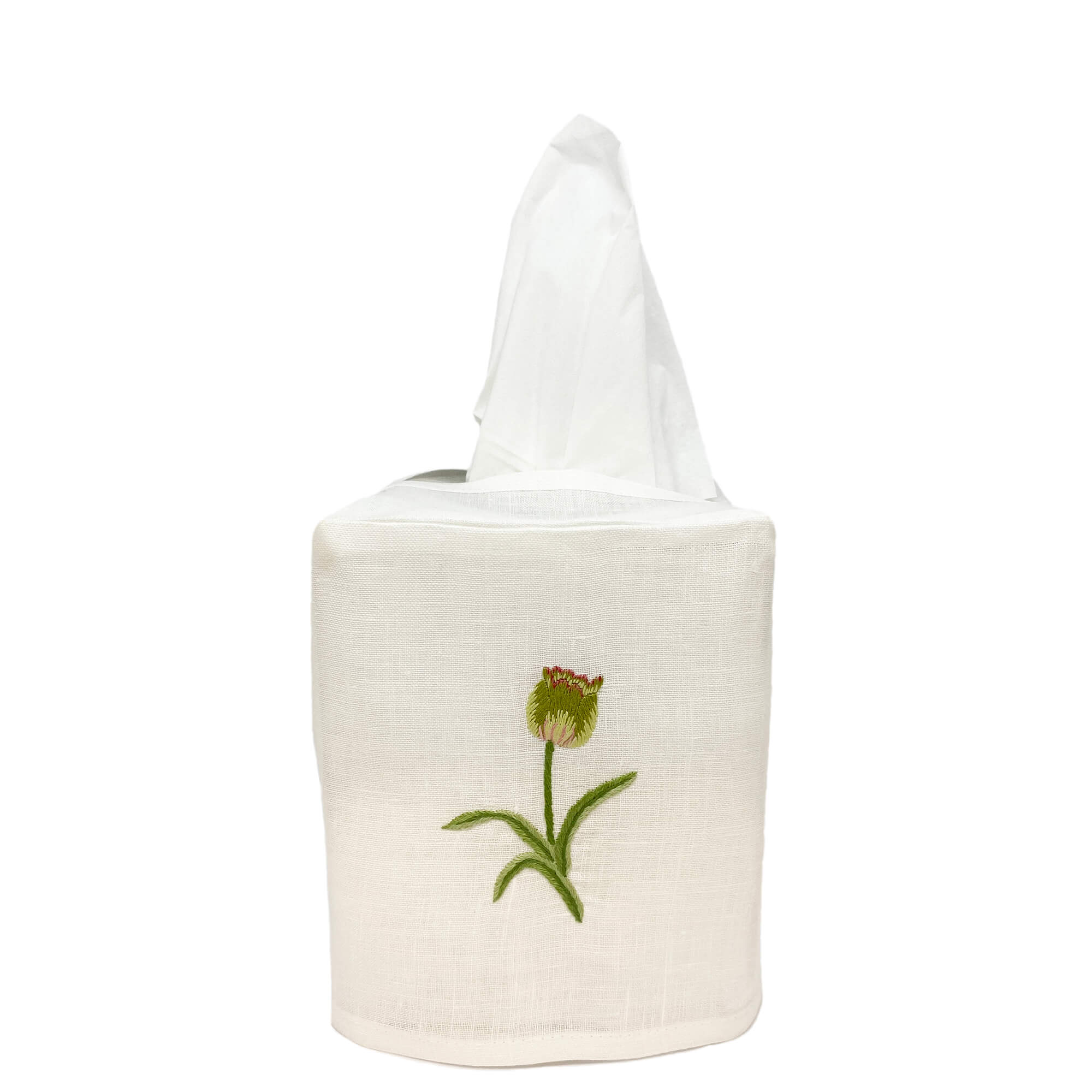 Hand Embroidered Linen Tissue Box Cover - Tulip White